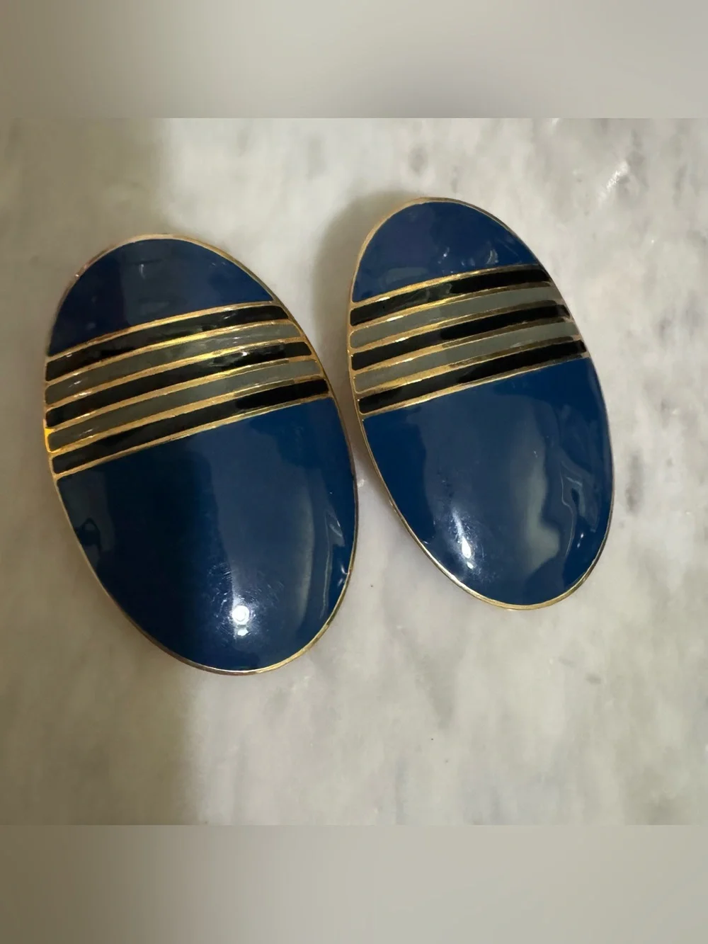 L Bott Vintage designer large oval earrings   in blue,green enamel & gold platin